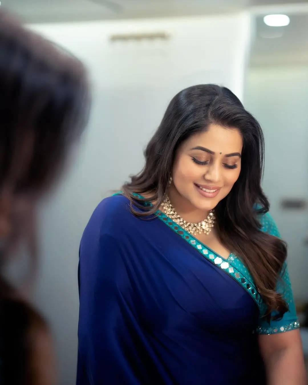 Telugu TV Actress Poorna in Beautiful Jewellery Blue Saree Blouse